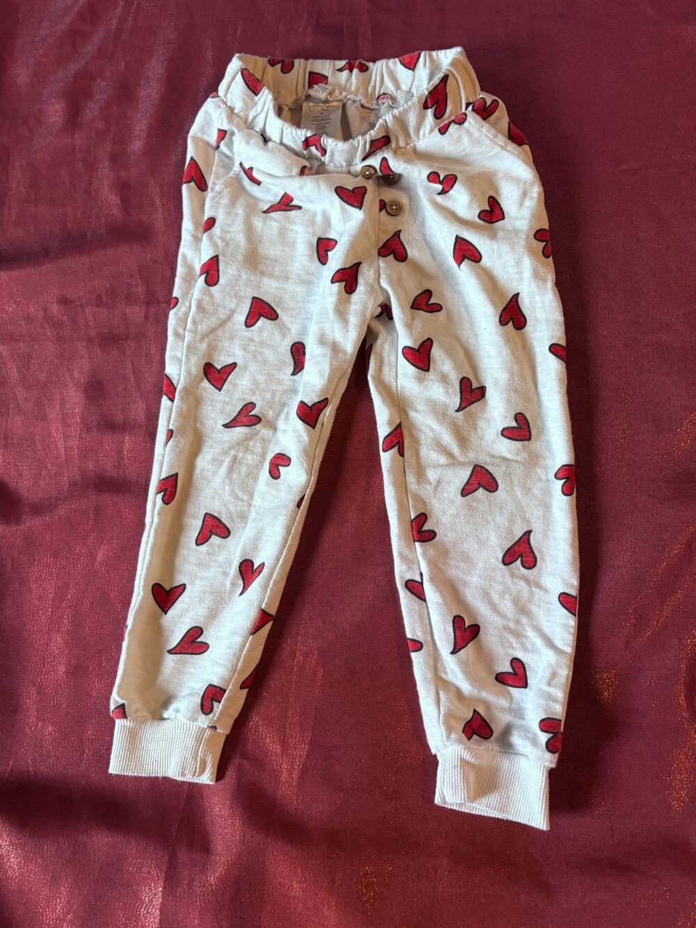 Girls Jogger Pants 4T Heart Print White Red Elastic Waist Rib Cuff Casual Soft